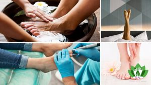 Montage d'images montrant différents aspects des soins des pieds, symbolisant la gamme complète de services proposés par Namaste Santé.